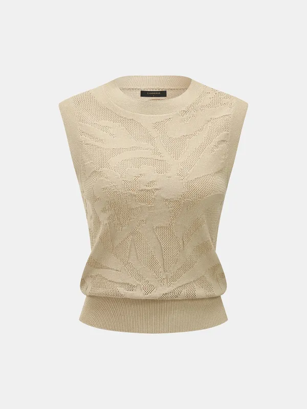Openwork Jacquard Crew Neck Knit Vest made by COMMENSE
