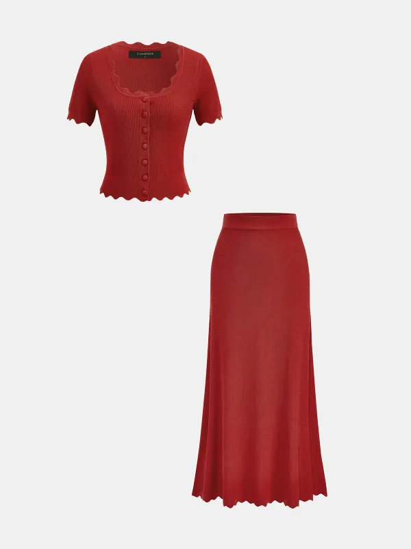 Scallop Trim Knit Two Piece Skirt Set made by COMMENSE