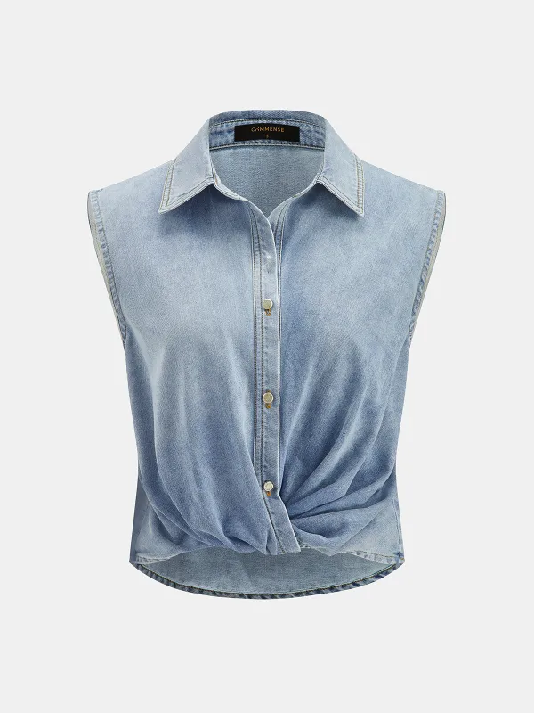 Sleeveless Twisted Collared Denim Shirt made by COMMENSE