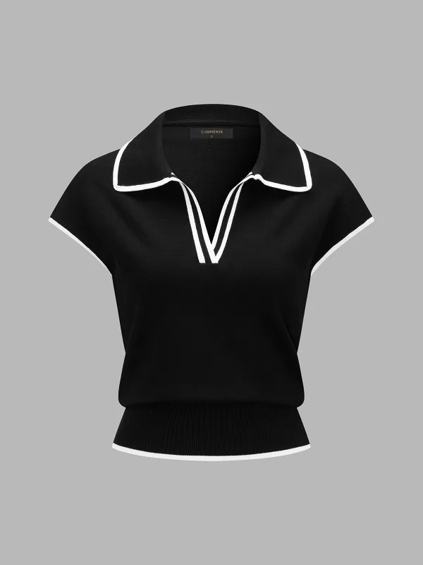 Contrast Trim Short Sleeve Knitted Polo Top made by COMMENSE