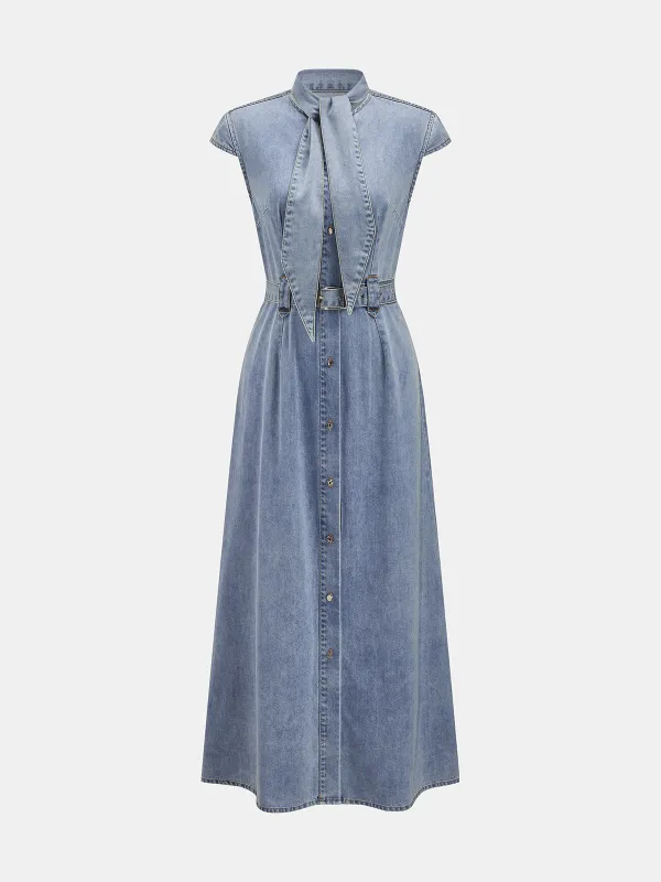 Tie-Neck Belted Cap Sleeve Denim Dress made by COMMENSE