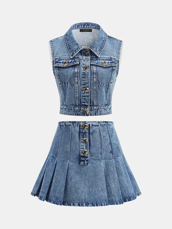 Denim Crop Vest & Pleated Mini Skirt Set made by COMMENSE