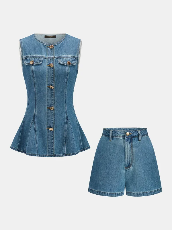Sleeveless Peplum Denim Top & Shorts Set made by COMMENSE