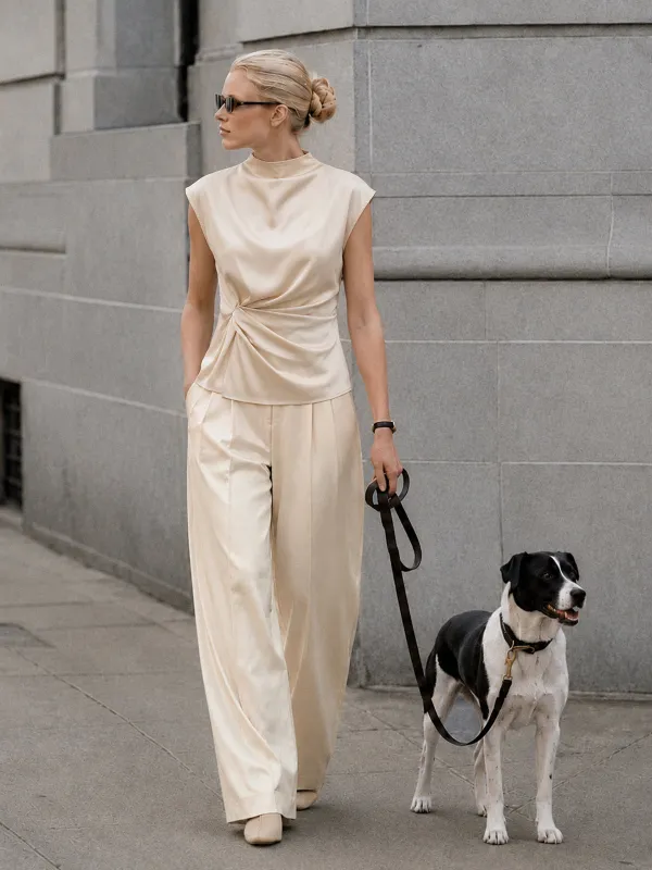 Satin Twisted Top & Wide Leg Pants Set made by COMMENSE