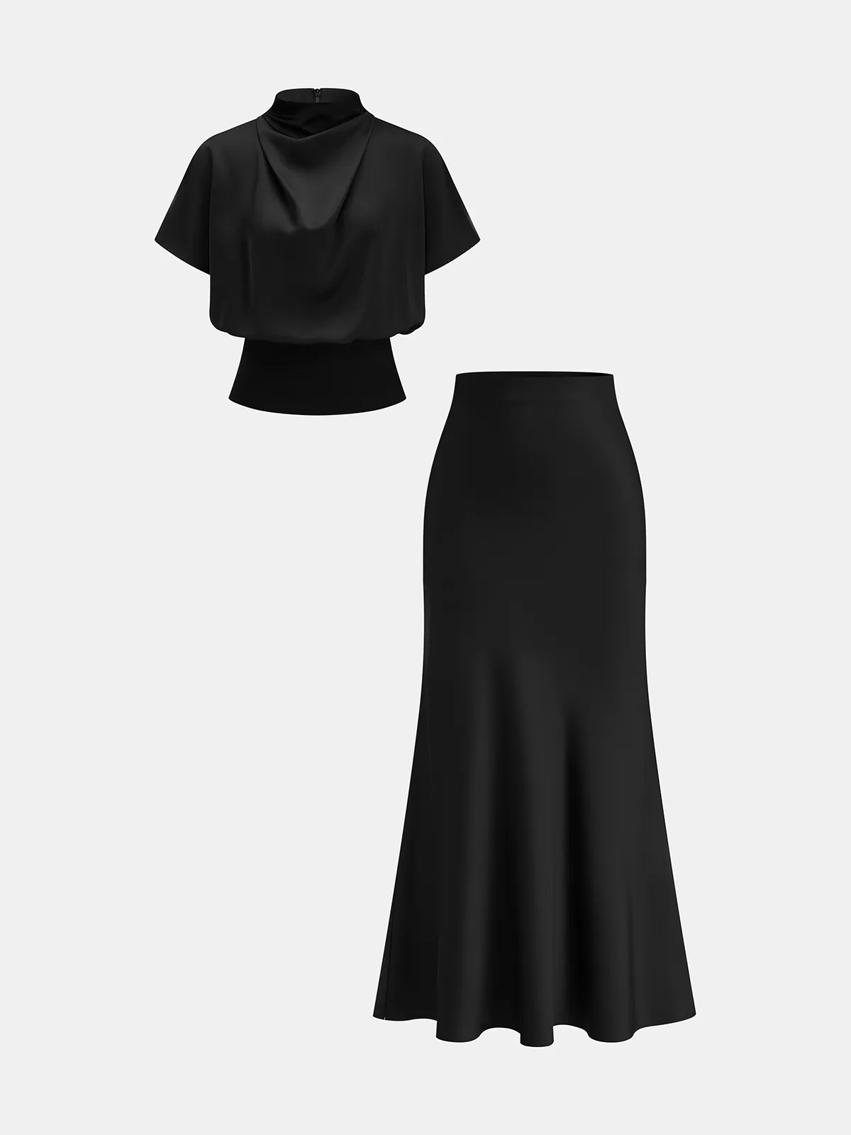 Satin Cowl Neck Blouse & Mermaid Skirt Set sold by COMMENSE product image thumbnail 2