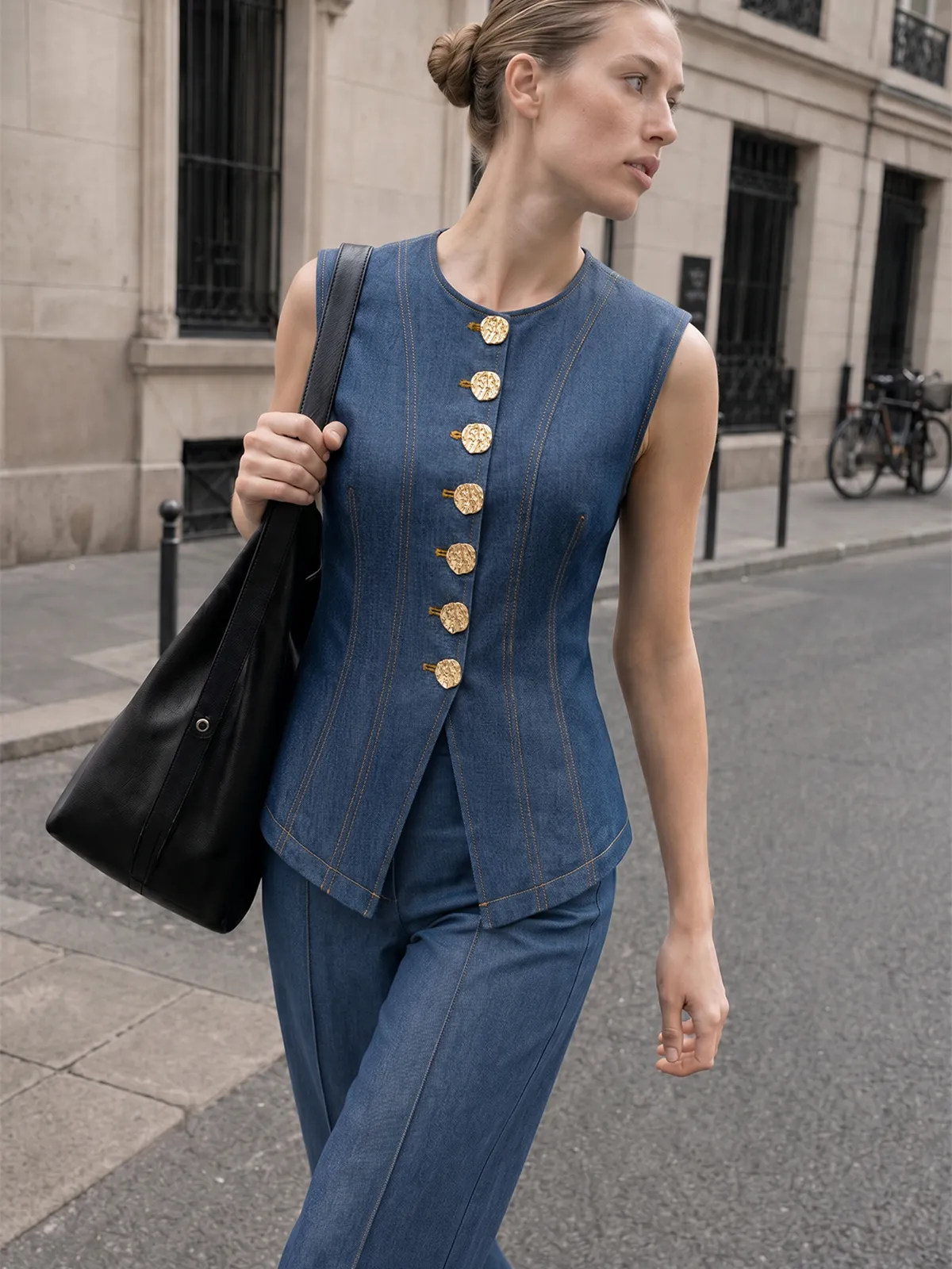 Metal Button Vest & Wide Leg Pants Set sold by COMMENSE