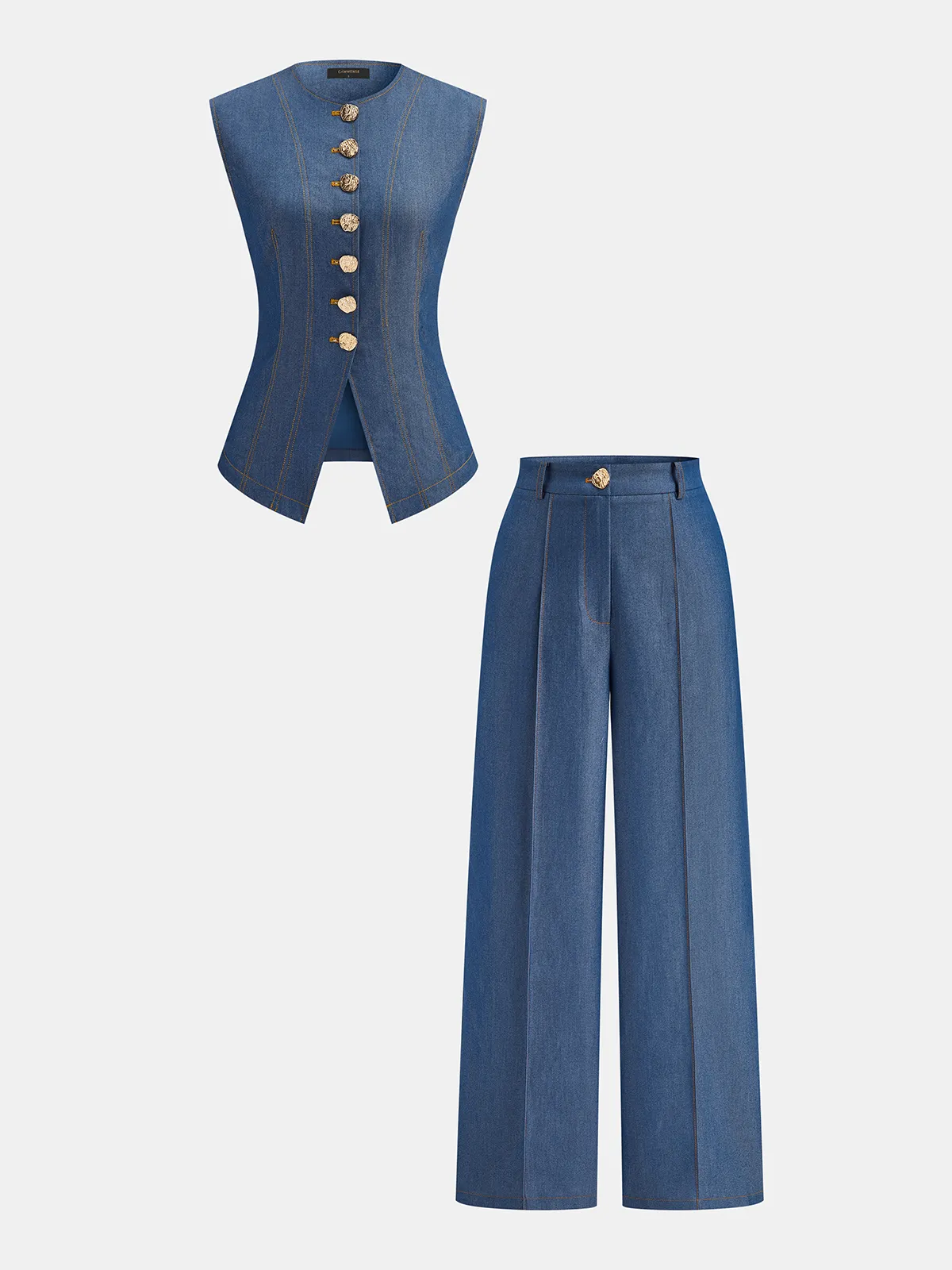 Metal Button Vest & Wide Leg Pants Set sold by COMMENSE product image thumbnail 2