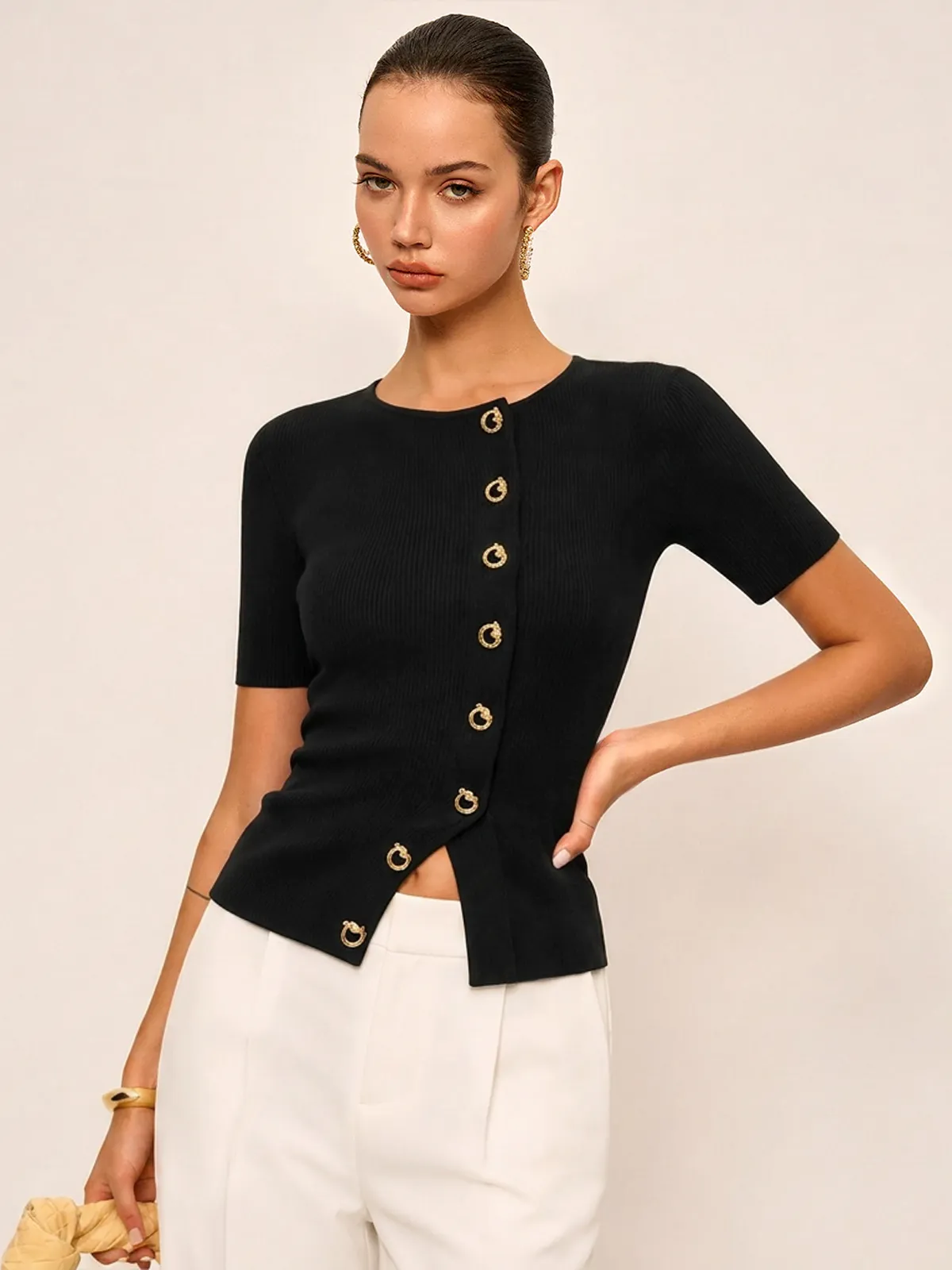 Metal Detail Short Sleeve Ribbed Knit Top sold by COMMENSE