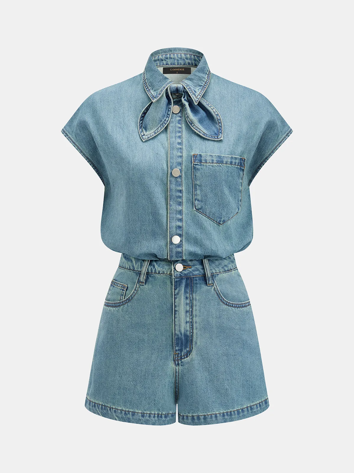 Denim Bow Tie Blouse & Shorts Set sold by COMMENSE product image thumbnail 2