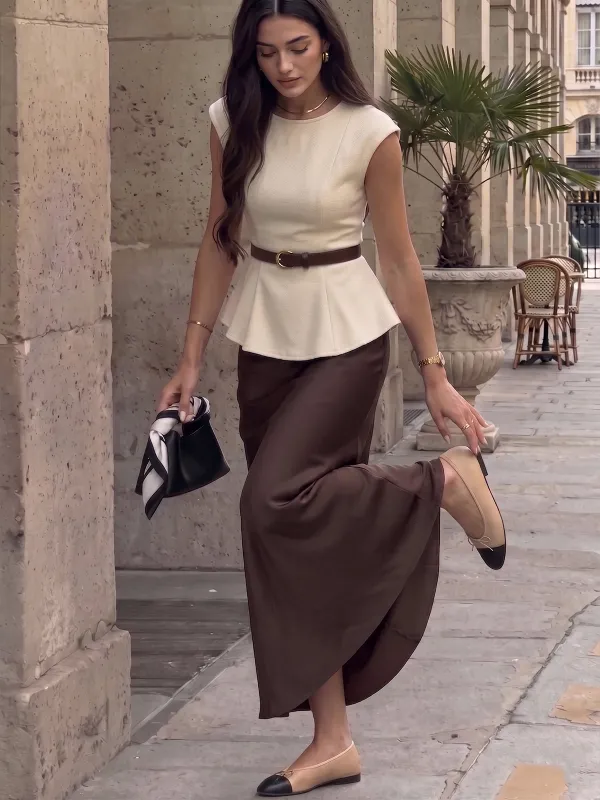 Belted Peplum Top & Satin Midi Skirt Set made by COMMENSE