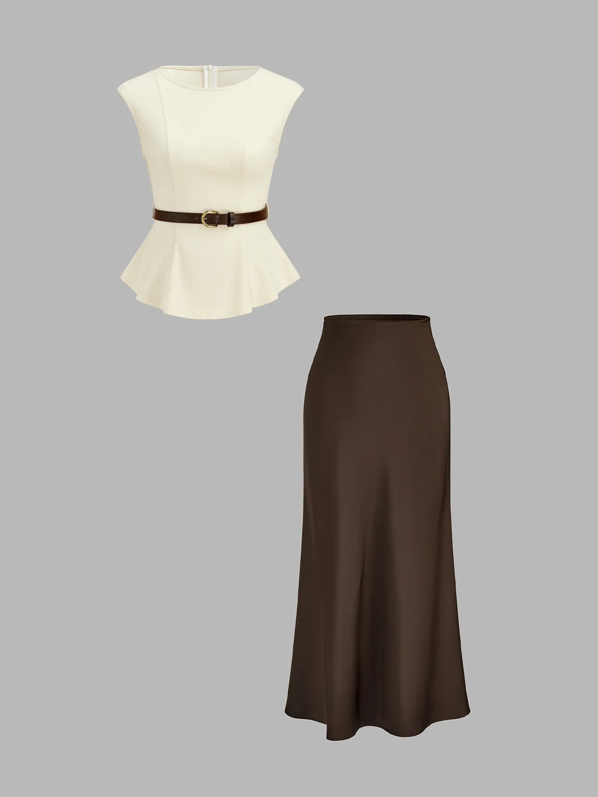 Belted Peplum Top & Satin Midi Skirt Set sold by COMMENSE product image thumbnail 2
