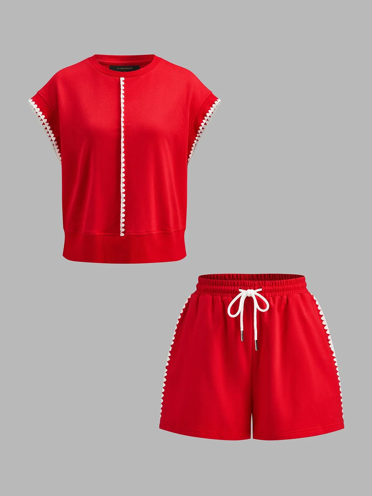 Cotton Scalloped Trim Top & Drawstring Shorts Set sold by COMMENSE product image thumbnail 2