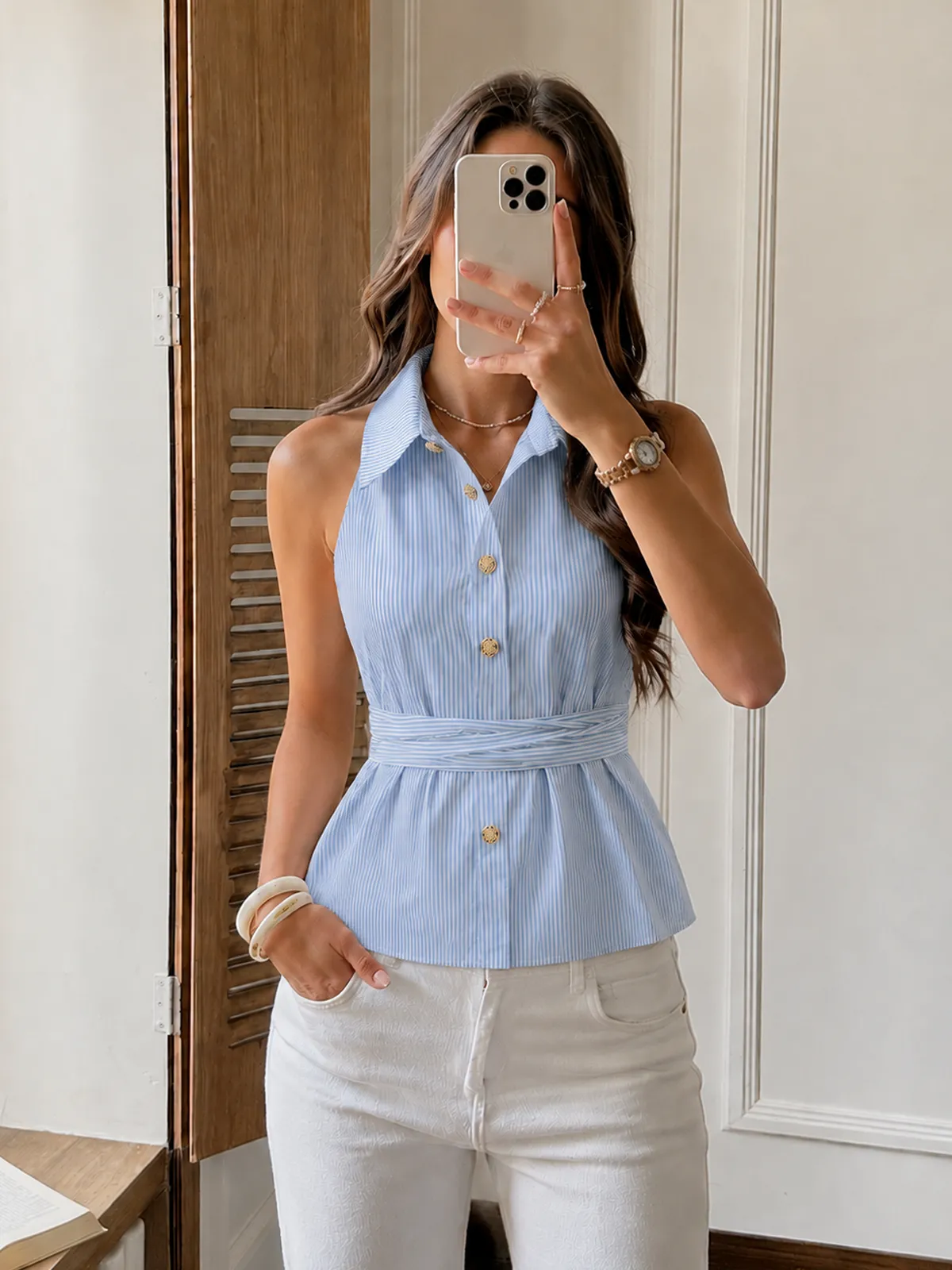 Back Bow Striped Halter Neck Blouse sold by COMMENSE