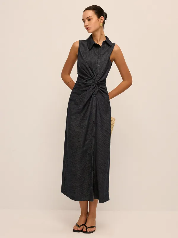 Denim Twist-Front Sleeveless Shirt Dress made by COMMENSE