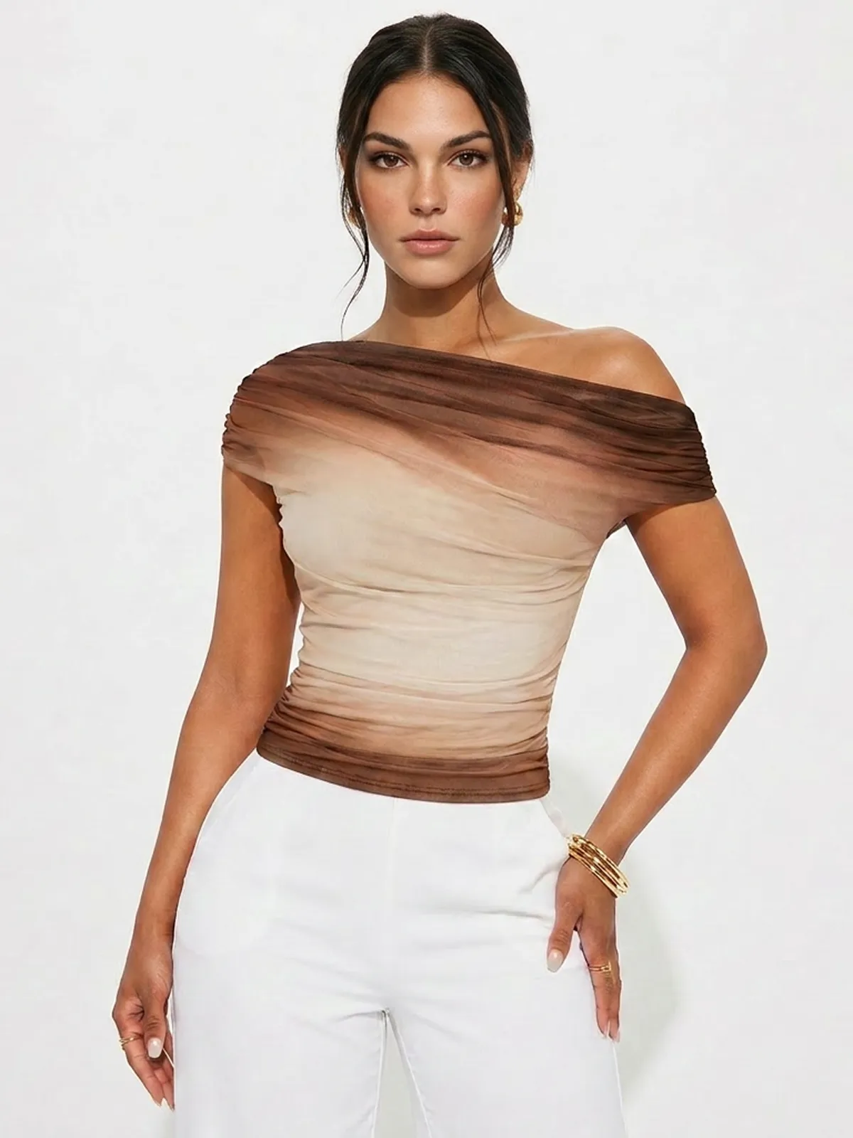 Gradient Mesh Off-Shoulder Ruched Top sold by COMMENSE