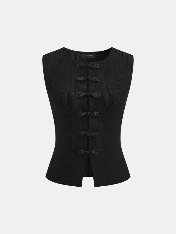 Frog Button Ribbed Knit Vest made by COMMENSE