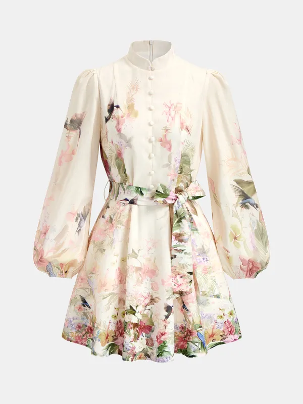 Floral Bird Print Lantern Sleeve Mini Dress made by COMMENSE