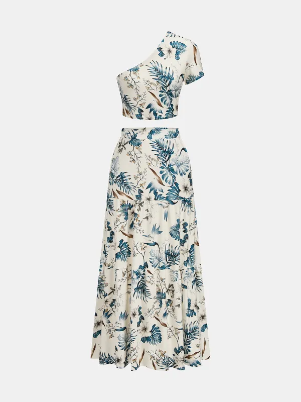 Leaf Print One-Shoulder Top & Skirt Set made by COMMENSE
