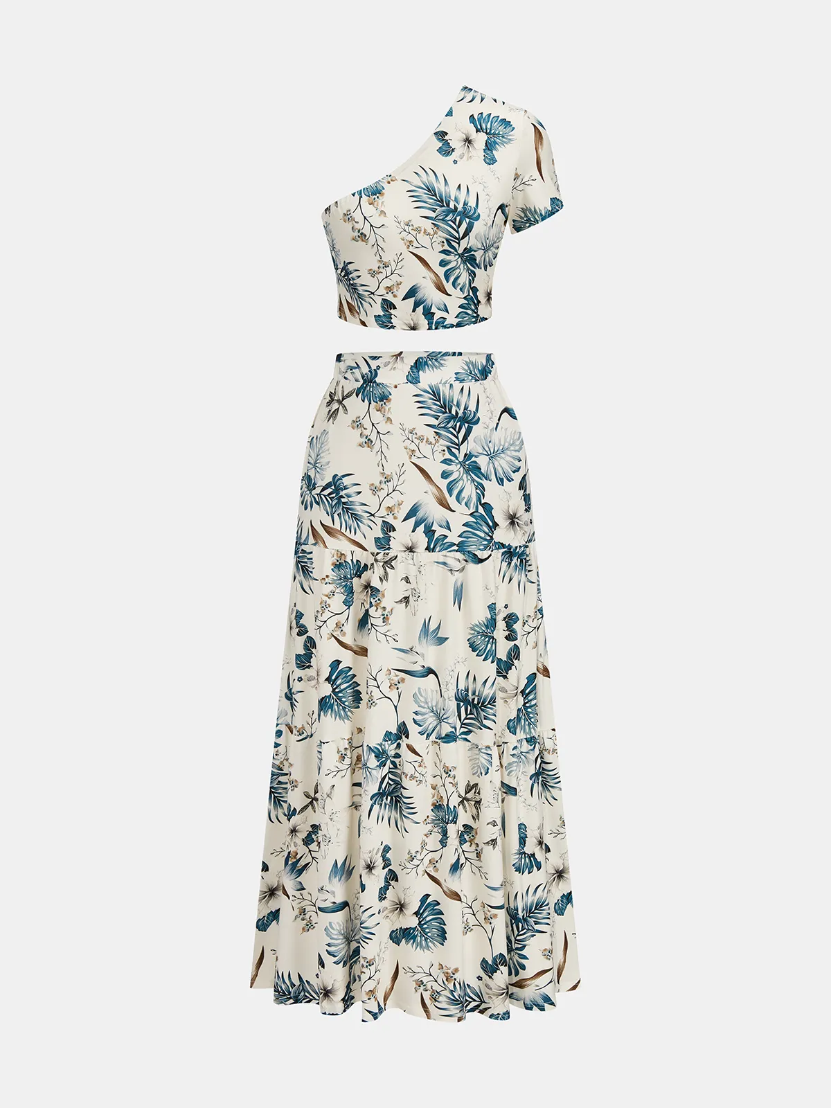 Leaf Print One-Shoulder Top & Skirt Set sold by COMMENSE