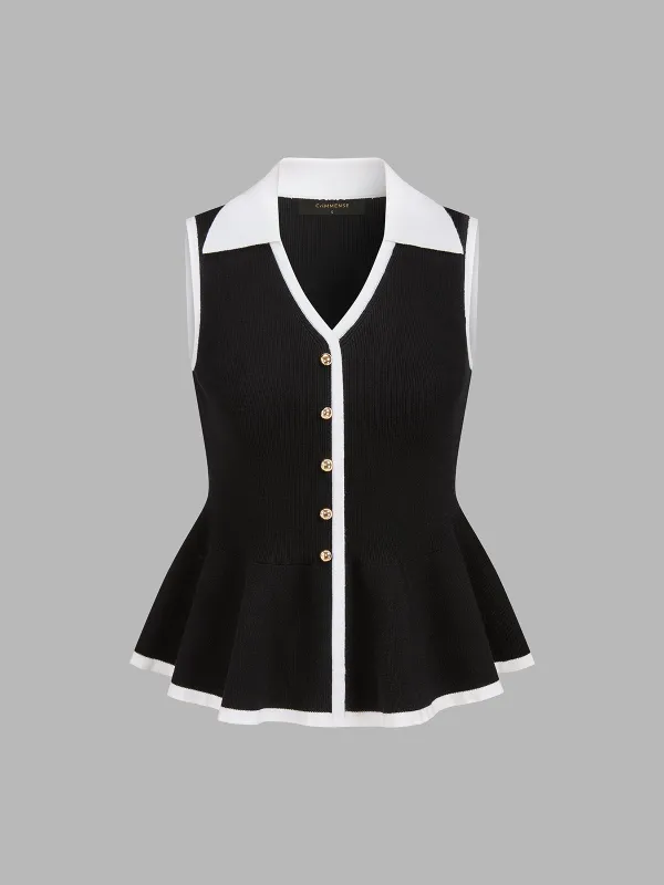 Contrast Trim Peplum Knit Vest made by COMMENSE