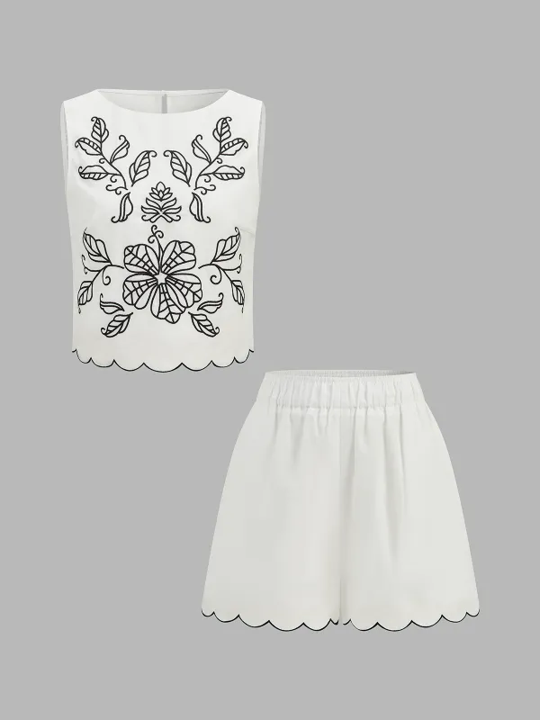 Linen-Blend Embroidered Top & Shorts Set made by COMMENSE