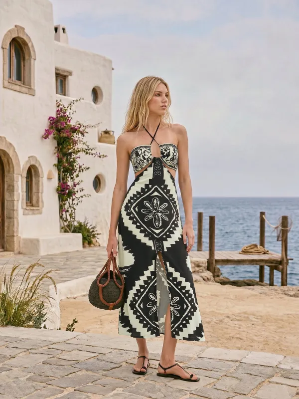 Tribal Print Halter Bikini Set with Slit Skirt made by COMMENSE