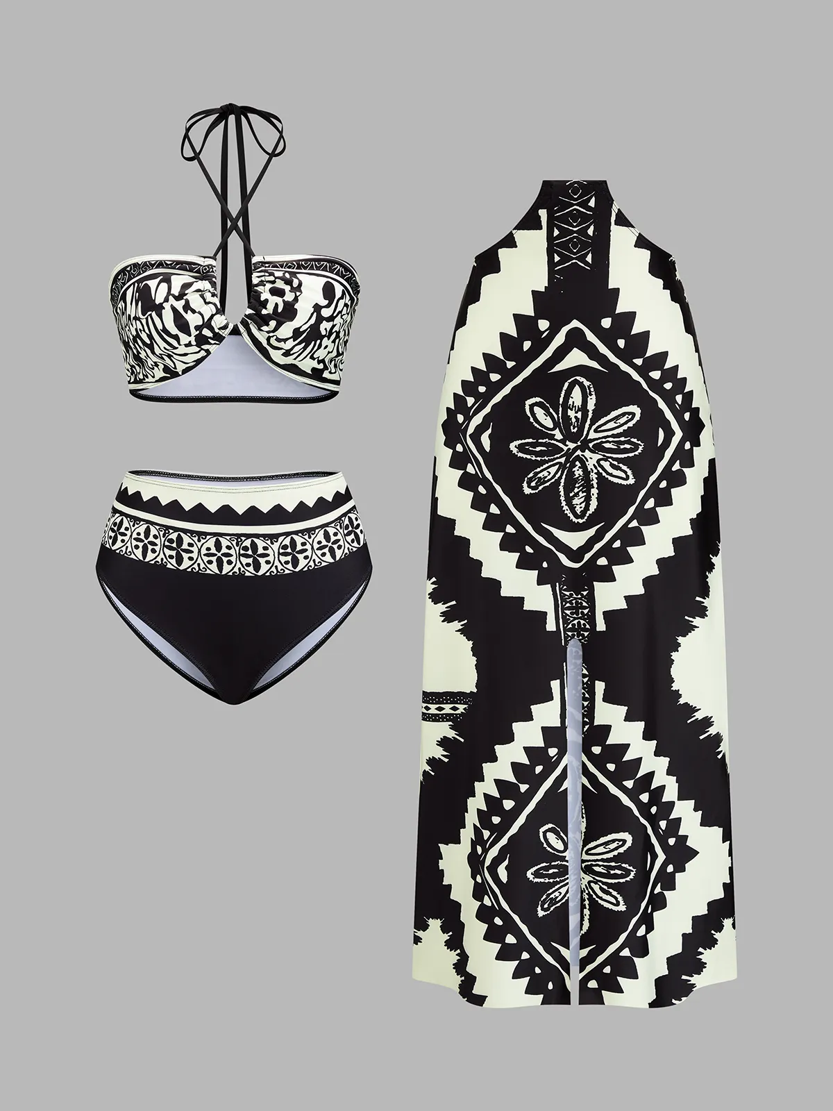 Tribal Print Halter Bikini Set with Slit Skirt sold by COMMENSE product image thumbnail 2
