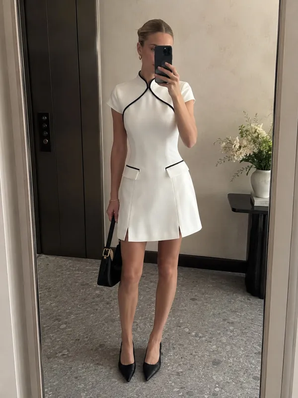 Mandarin Collar Contrast Piping Mini Dress made by COMMENSE