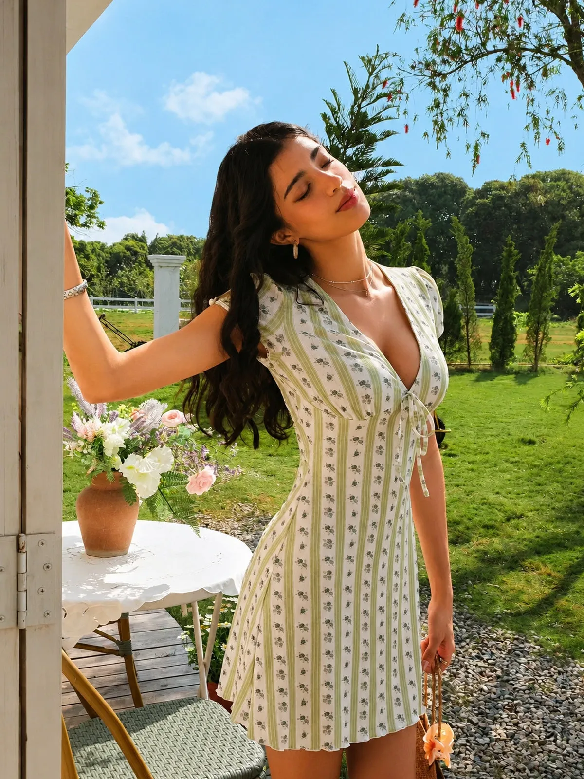 Striped Floral Print V-Neck Mini Dress sold by COMMENSE product image thumbnail 4