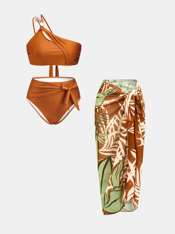 One-Shoulder Bikini Set with Printed Sarong made by COMMENSE