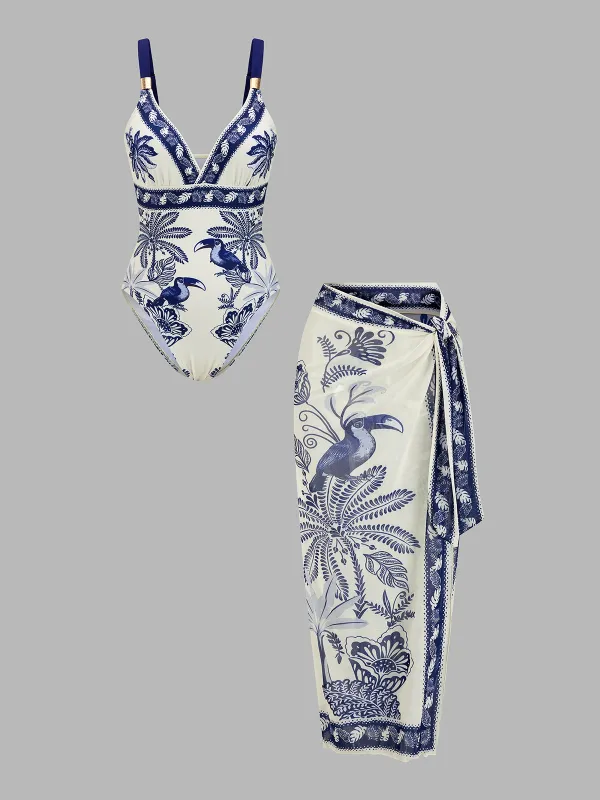 Tropical Toucan Print One Piece Swimsuit & Sarong Set made by COMMENSE