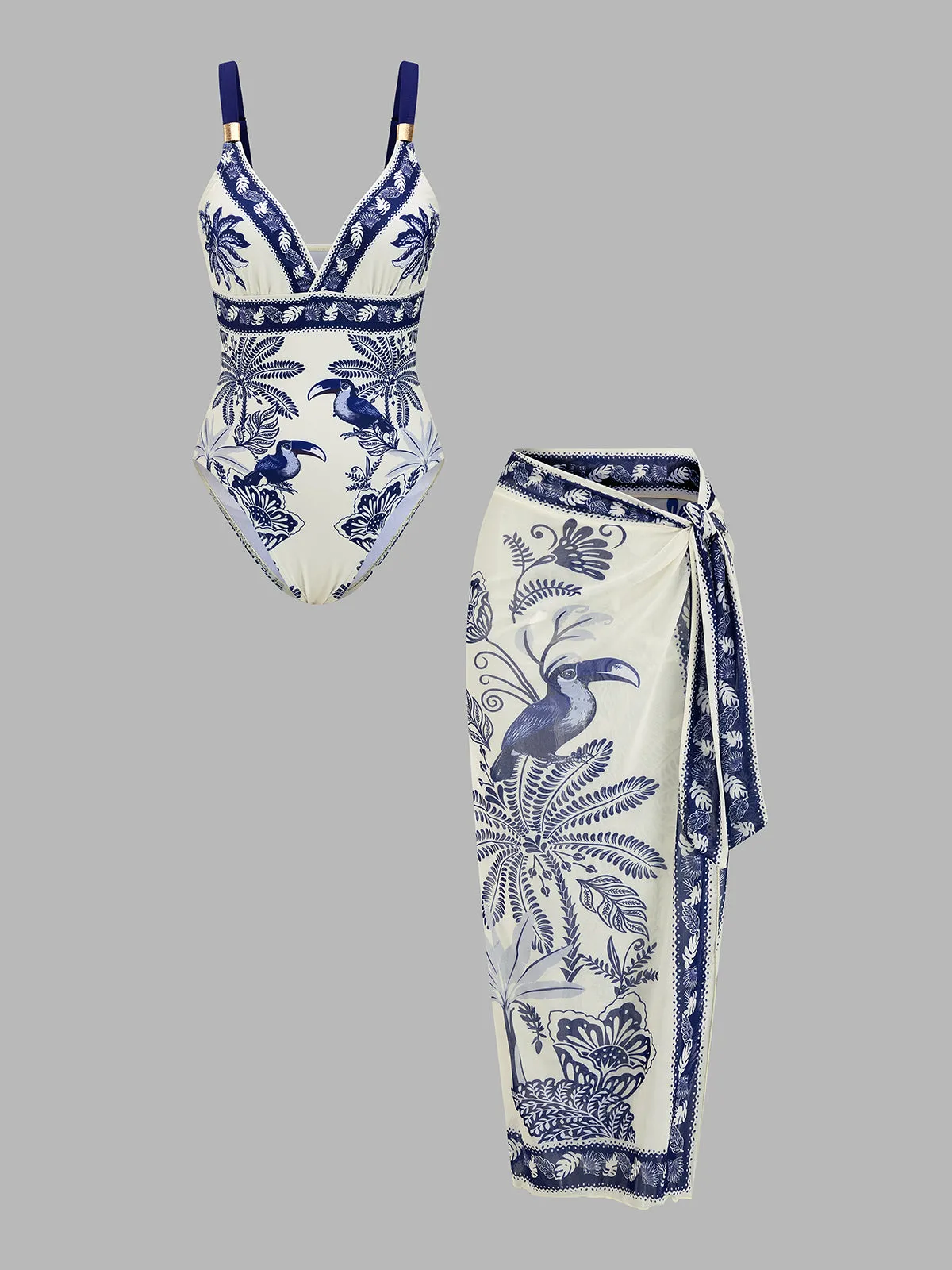 Tropical Toucan Print One Piece Swimsuit & Sarong Set sold by COMMENSE