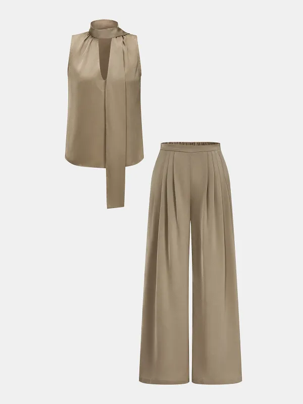 Tie-Neck Sleeveless Top & Pleated Pants Set made by COMMENSE