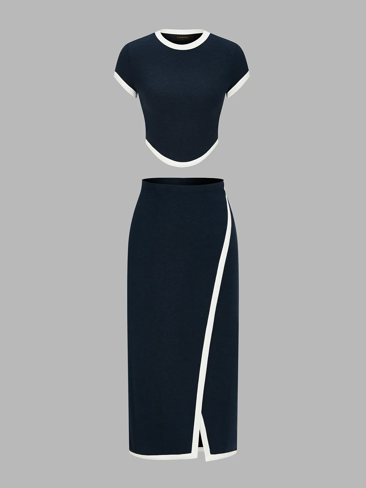 Contrast Trim Curved Hem Knit Top & Skirt Set sold by COMMENSE product image thumbnail 2