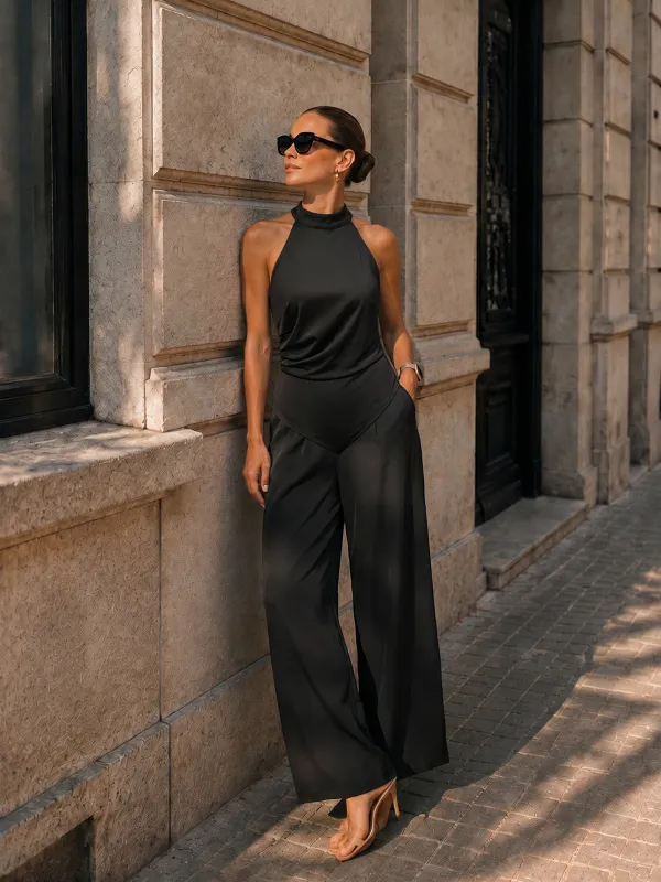 Ruched Satin Top & Elastic Waist Pants Set made by COMMENSE