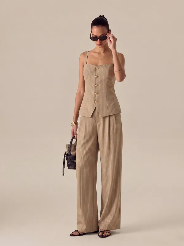 Pinstripe Button-Front Cami Top & Pants Set made by COMMENSE