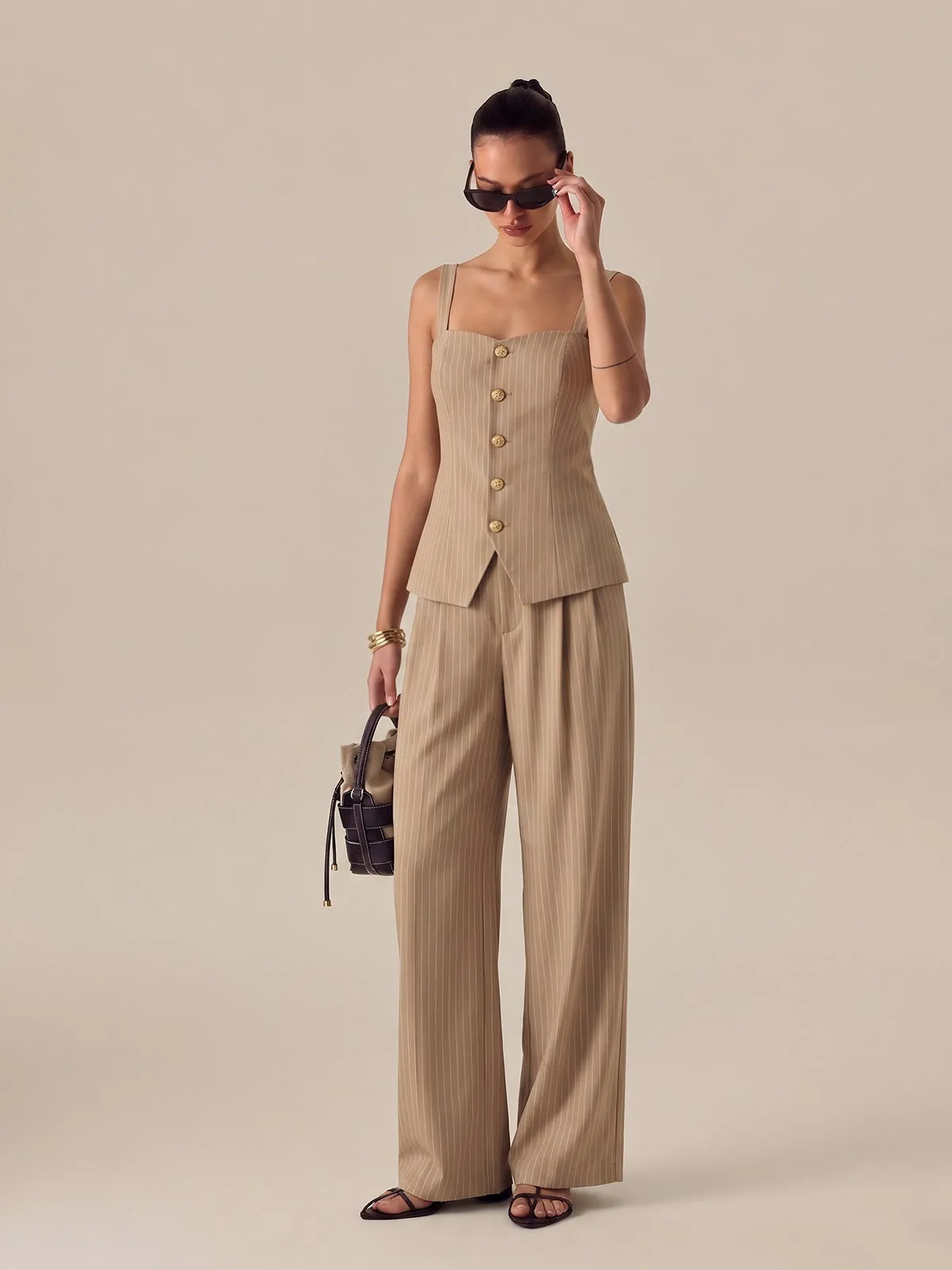 Pinstripe Button-Front Cami Top & Pants Set sold by COMMENSE