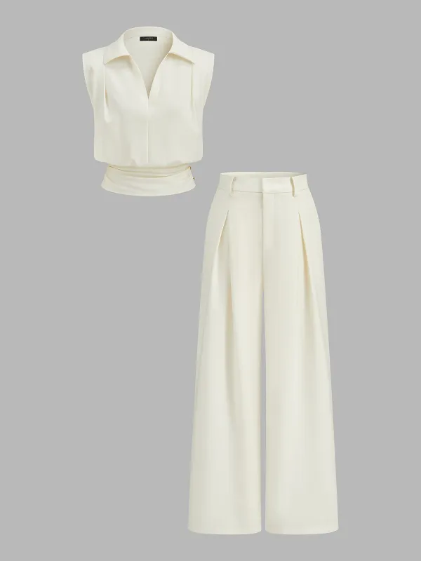 Collared Cinched Waist Blouse & Pleated Pants Set made by COMMENSE