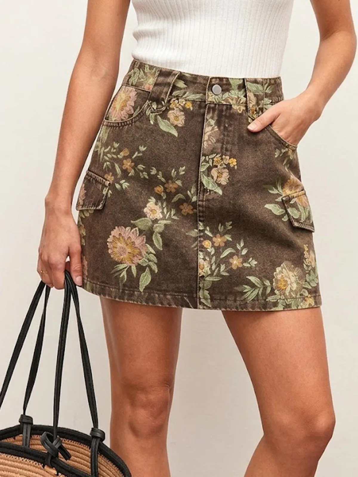 Floral Jacquard Denim Mini Skirt sold by COMMENSE
