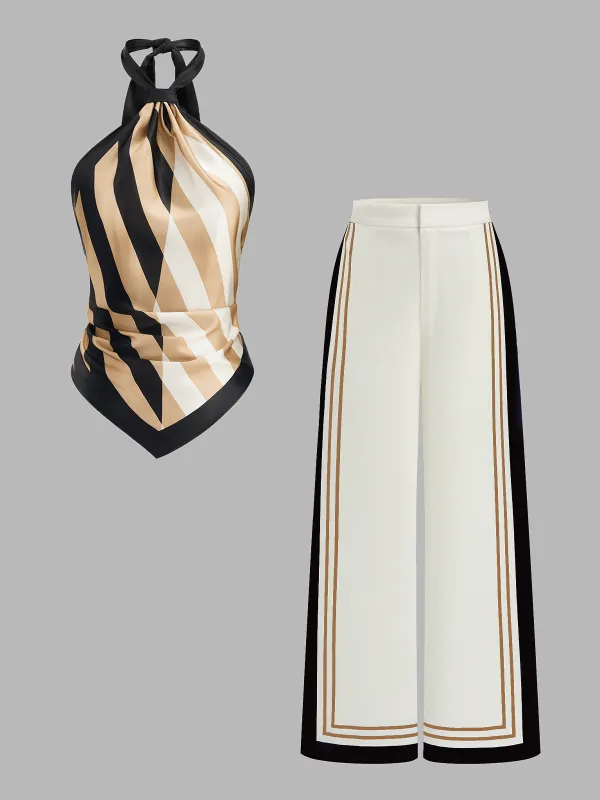 Striped Halter Top & Wide Leg Pants Set made by COMMENSE