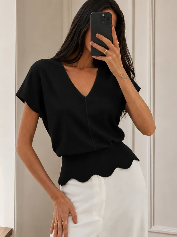 V-Neck Scalloped Hem Knit Top made by COMMENSE