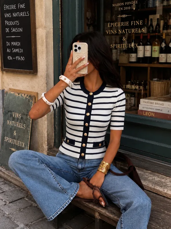 Striped Metal Button Short Sleeve Ribbed Knit Top made by COMMENSE