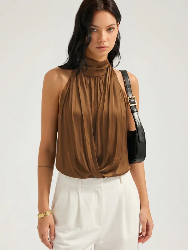 Satin Halter Draped Sleeveless Blouse made by COMMENSE