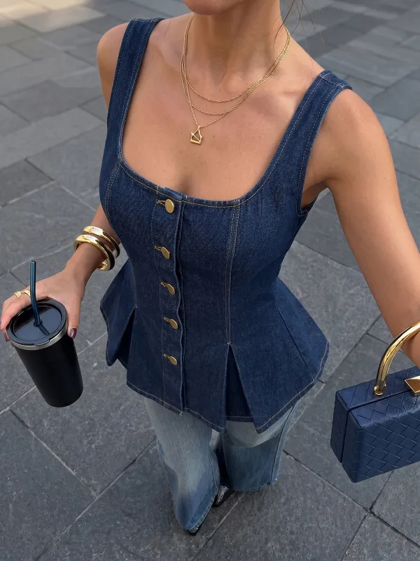 Square Neck Metal Button Peplum Denim Top made by COMMENSE