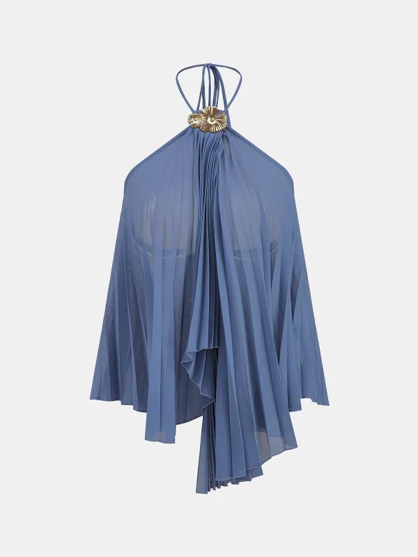 Metal Flower Halter Pleated Chiffon Blouse made by COMMENSE