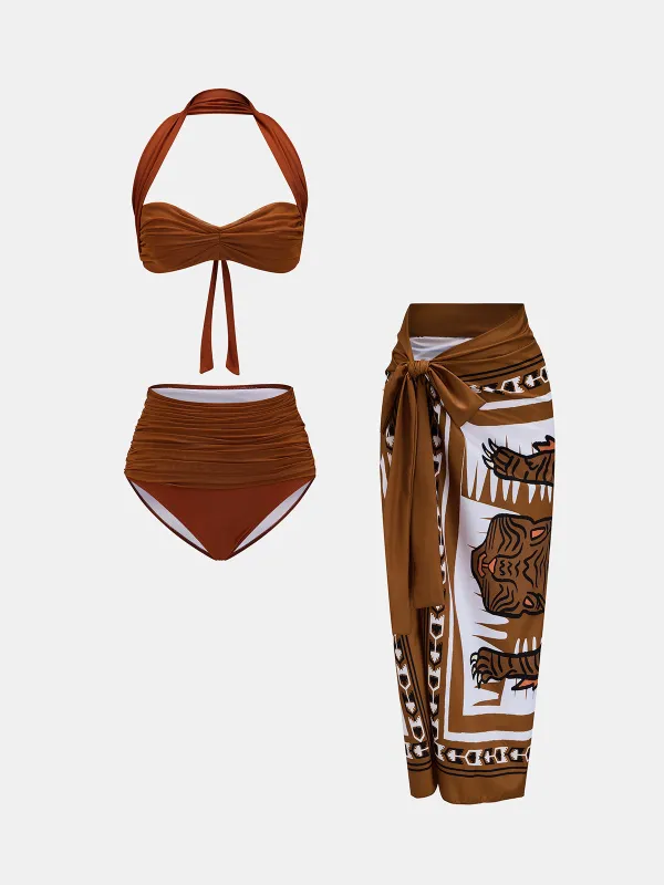 Ruched Halter Bikini & Tiger Print Sarong 3Pcs Swim Set made by COMMENSE