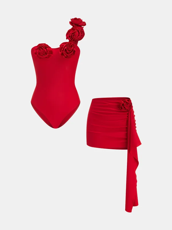 3D Rose One Piece Swimsuit & Draped Skirt Set made by COMMENSE