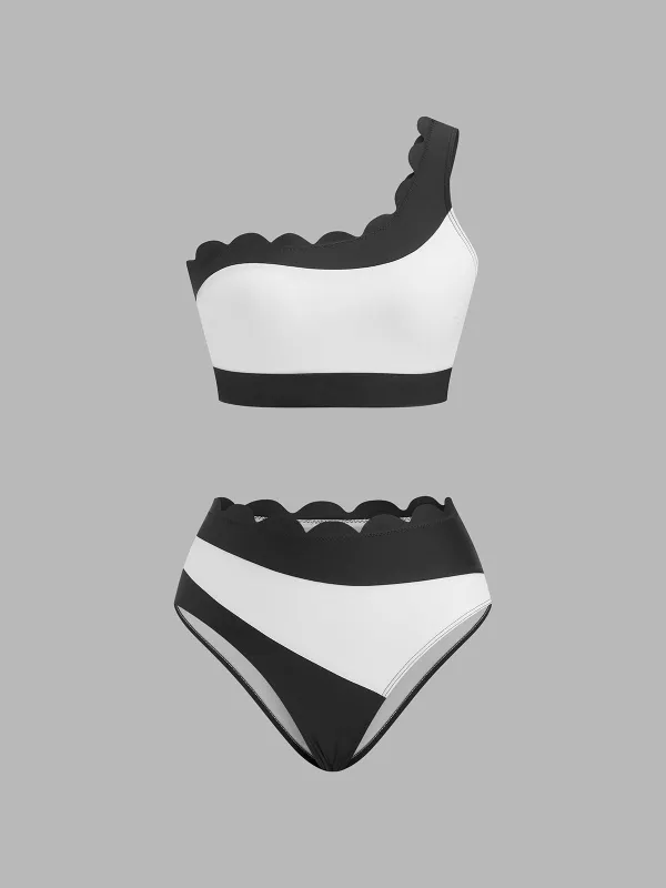 Scalloped Edge Color Block One Shoulder Bikini Set made by COMMENSE