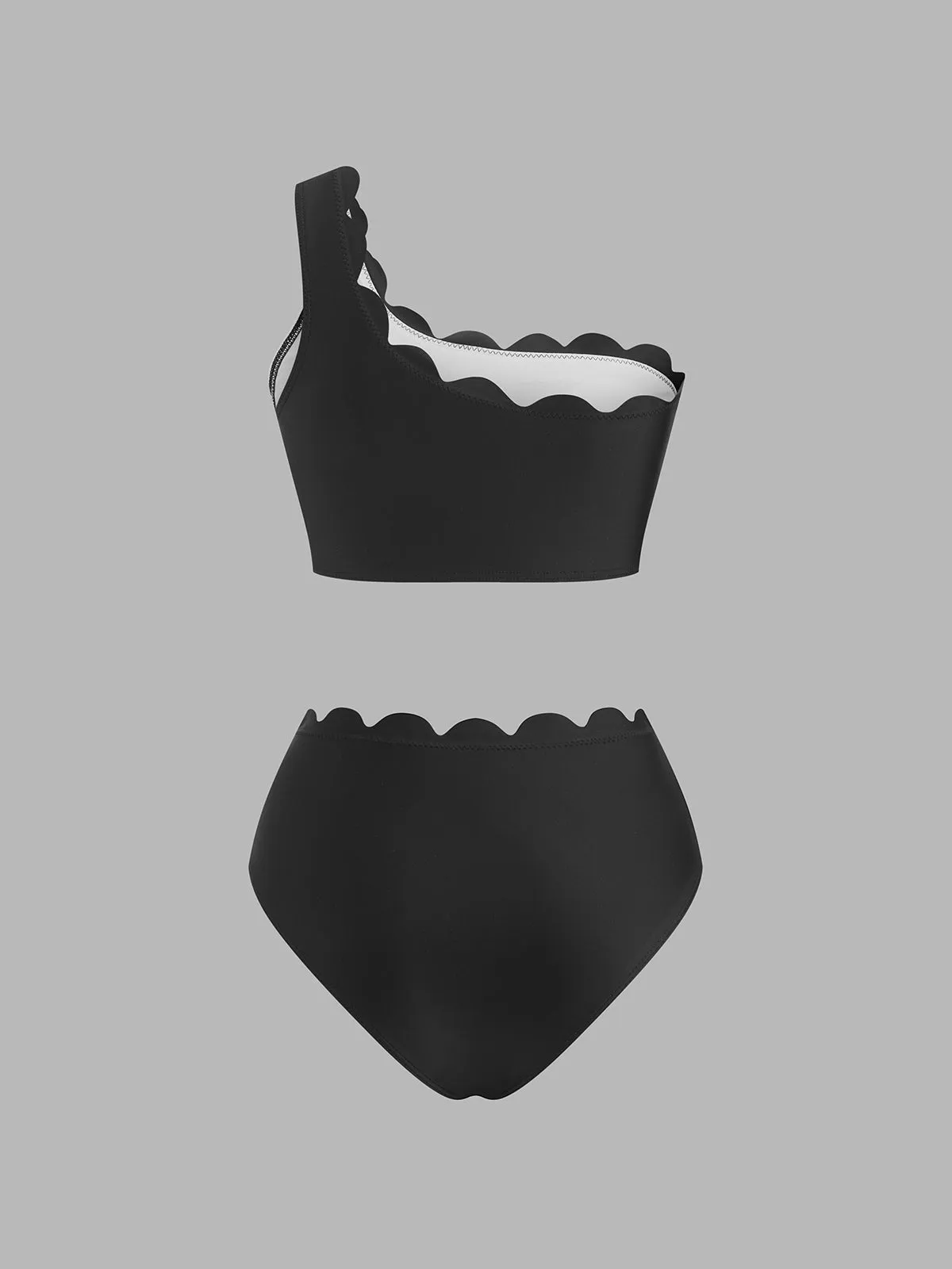 Scalloped Edge Color Block One Shoulder Bikini Set sold by COMMENSE product image thumbnail 2