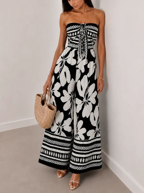 Printed Tie Front Strapless Wide Leg Jumpsuit made by COMMENSE